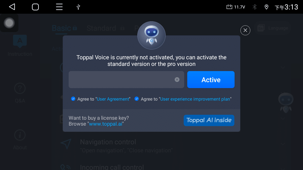 Ecrã de ativação da app Toppal Voice a mostrar o campo de introdução do código de ativação
